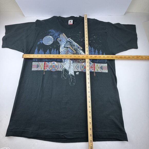 Vintage SS Wolf Native American Tee Shirt Men's XL Black Faded T-Shirt USA 90s - Picture 2 of 11